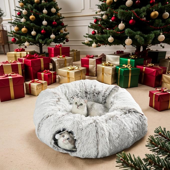Cat Tunnel Bed, Cat Tunnels for Indoor Cats with 6 Extra Snap Fasteners, Donut Tunnel Tube with Cat Toys Balls for Bored Indoor Adult Cats, Peekaboo Cave Playground for Kitten Rabbit Ferret Hideaway