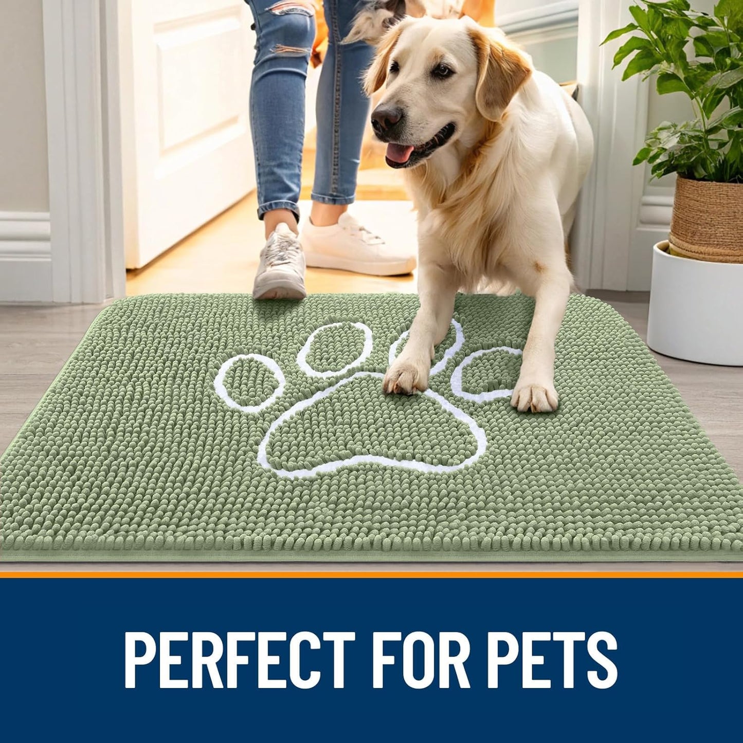 OLANLY Door Mat for Muddy Dog Paws 47x24, Ultra Absorbent Chenille Mud Doormat with Paw Print Design, Non-Slip Washable Doormat for Indoor Entryway, Quick-Dry Pet Bed Mats for Dirty Dogs, Sage Green
