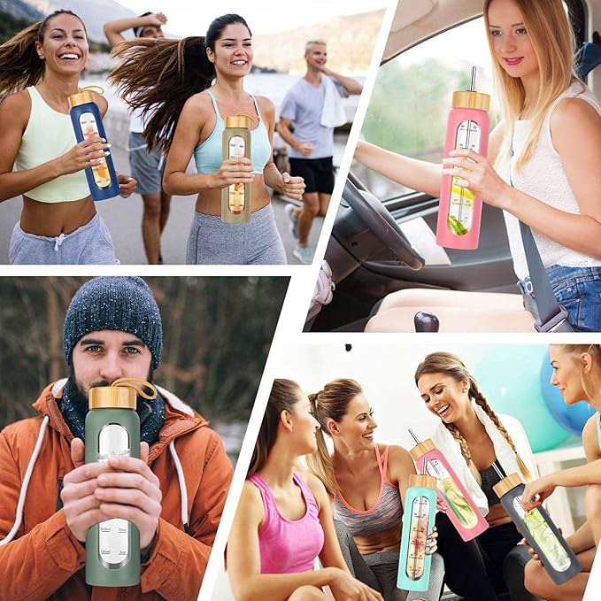 32 oz Glass Water Bottles with Straw - Motivational Glass Water Bottle with Time Marker & Silicone Sleeve - Reusable Glass Tumbler Includes 2 Bamboo Lids & Fruit Infuser - 1 Pack