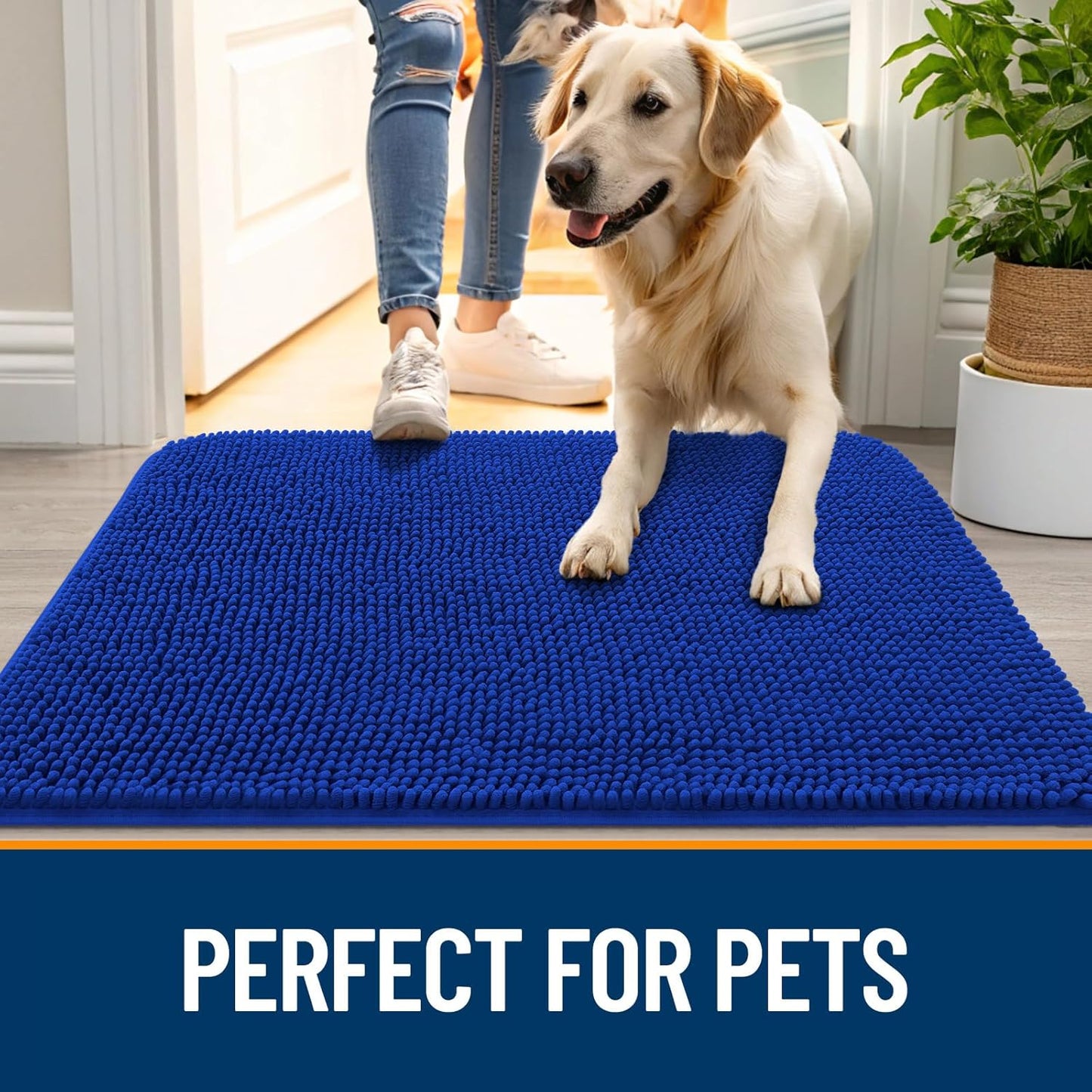 OLANLY Dog Door Mat for Muddy Paws 36x24, Absorbs Moisture and Dirt, Absorbent Non-Slip Washable Doormat, Quick Dry Chenille Mud Mat for Dogs, Entry Indoor Entryway Carpet for Inside Floor, Royal Blue