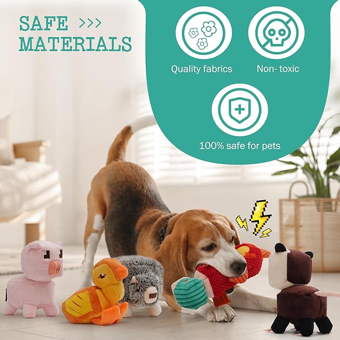 5 PC Small Medium Dog Toys, Cute Soft Squeaky Crinkle Plush Stuffed Durable Plush Dog Chew Toy to Keep Them Busy Cognitive Stimuting Puppy Toys for Boredom, Square Pixel World Style