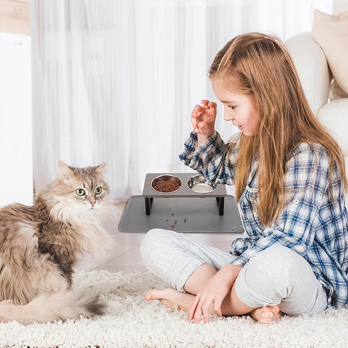 Upgraded Elevated Cat Bowls with Food Mat,15°Tilted Stand Anti Vomiting Raised Cat Dishes for Food and Water,2 Stainless Steel Bowls for Cats and Puppy(Gray)