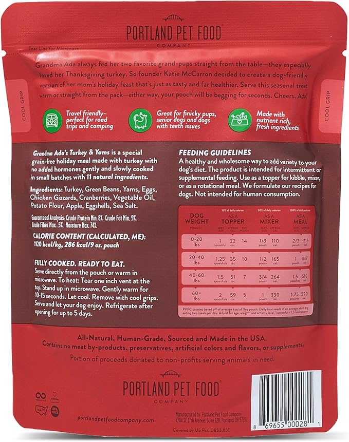 Portland Pet Food Company Grandma Ada's Turkey & Yams Fresh Dog Food Pouches - Human-Grade, Grain-Free Wet Meal Topper Mixer & Meals - Small & Large Breed Puppy & Senior Dogs - USA Made - 5 Pack
