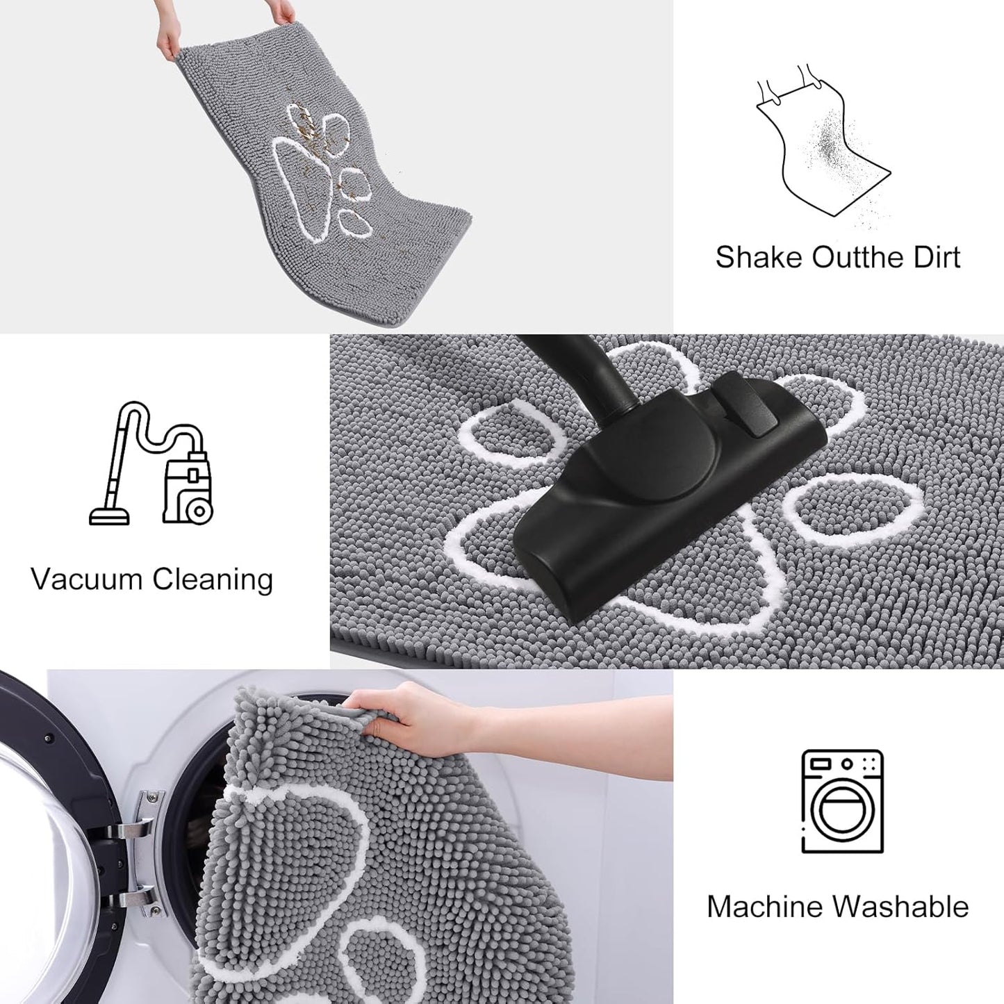 Smiry Dog Door Mat for Muddy Paws, Absorbent Dirt Trapper Non Slip Quick Dry Washable Chenille Mat for Mud Dogs, Entry Rug for Indoor and Outdoor (30x20 Inches, Grey and White)