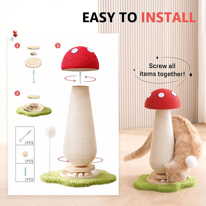 Mushroom Cat Scratching Post Cat Tree, 21.5‘’ H Cute Cat Scratcher Tower with Durable Solid Wood Turntable Toy, Mushroom Scratch Post Cat Sisal Scratcher with Catnip for Indoor Adult Cats
