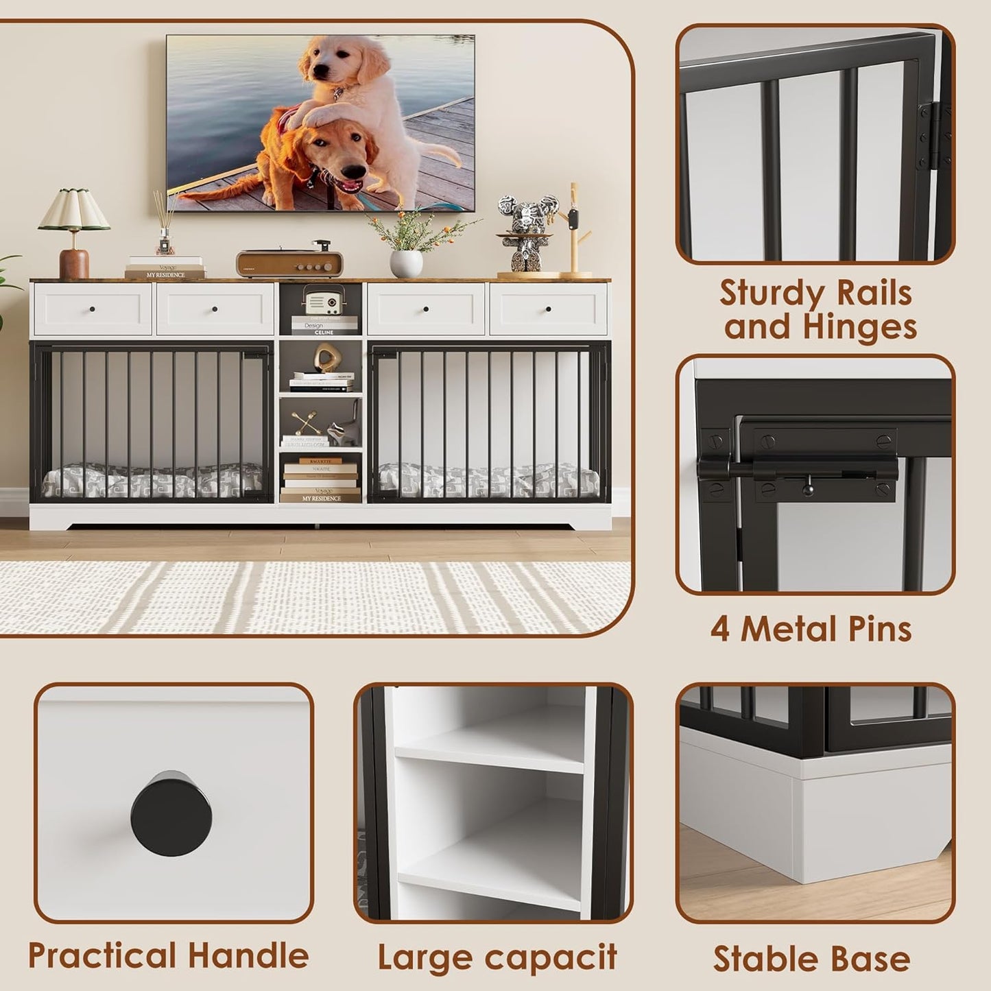 GarveeHome 82" Double Dog Crate Furniture, Large Dog Kennel Indoor for 2 Dogs, Heavy Duty Wooden Dog Crate TV Stand with 4 Drawers and Shelves, White/Brown