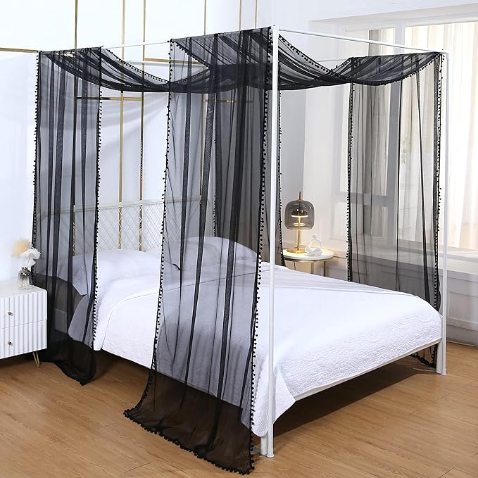 Akiky Pom Pom Canopy Bed Curtains Princess Bed Canopy Scarf for Full/Queen Metal Bed Frame,Wood Frame Bed-2 Panel Sheer Canopy Curtain(Black)