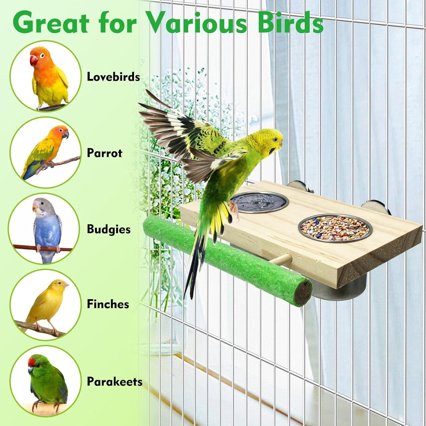 Tfwadmx Bird Feeding Dish Cups with Wooden Platform Hanging Stainless Steel Parrot Cage Feeder Bowl Wood Perch Stand for Parakeet Cockatiels Lovebirds Budgie (Medium)