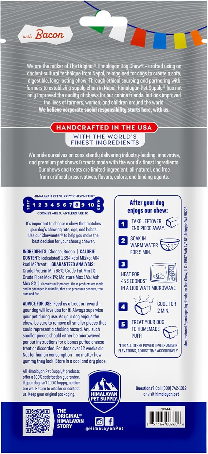 Himalayan Dog Chew Original Yak Cheese Chew, Bacon, 1 X-Large Stick, 5.3 oz, Gluten Free, Healthy Treats, Grain & Lactose Free 100% Natural, Long Lasting for Dogs Over 55 lbs