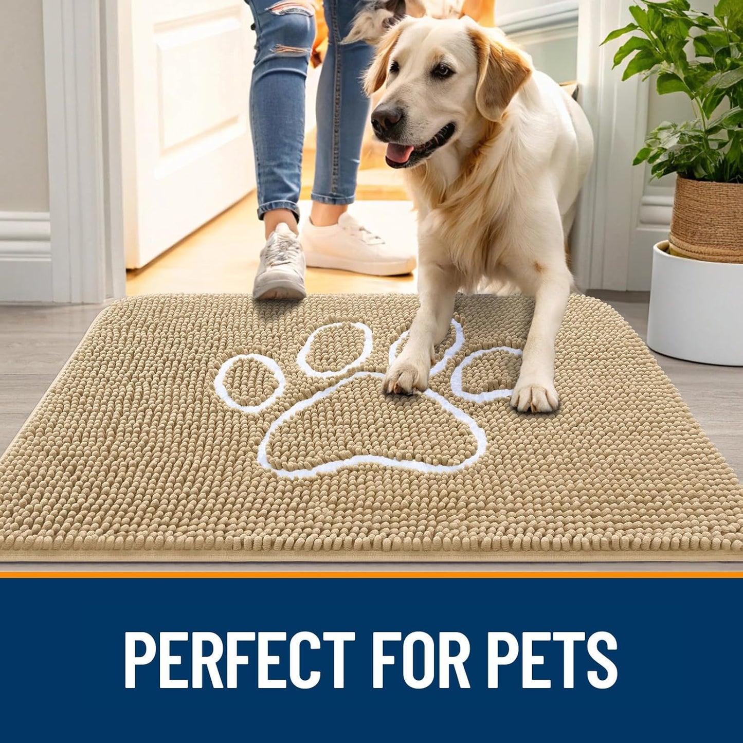 OLANLY Door Mat for Muddy Dog Paws 47x32, Ultra Absorbent Chenille Mud Doormat with Paw Print Design, Non-Slip Washable Doormat for Indoor Entryway, Quick-Dry Pet Bed Mats for Dirty Dogs, Beige
