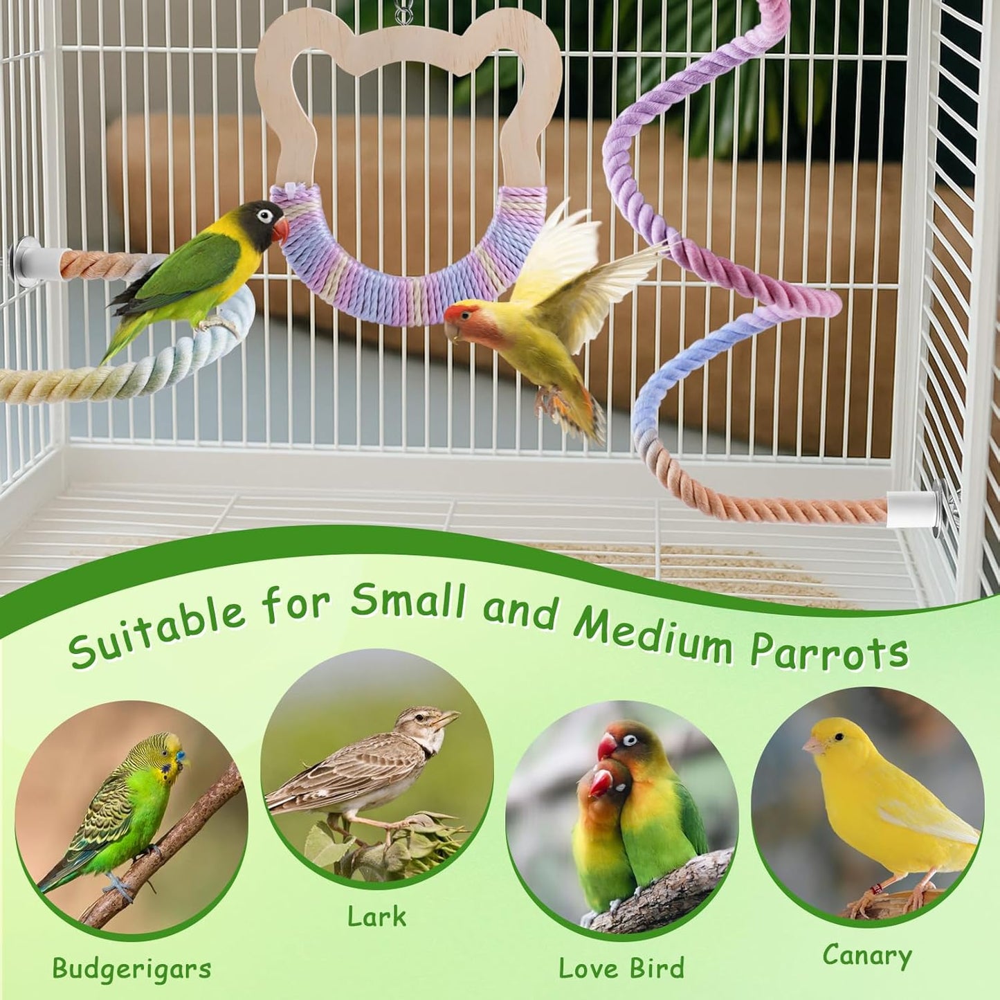 3 Pcs Gradient Bird Perching Rope Set, Bendable Bird Perching Rope for Parrot Cage, Gradient Wooden Birds Swing, Standing Climbing Toys for Parrots, Lovebirds, Budgies and Larks