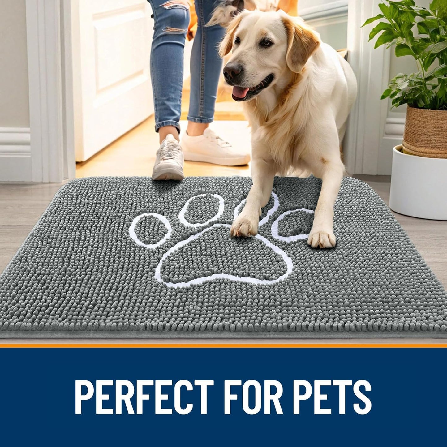 OLANLY Door Mat for Muddy Dog Paws 30x20, Absorbent Chenille Mud Doormat with Paw Print Design, Non-Slip Washable Doormat for Indoor Entryway, Quick-Dry Pet Bed Mats for Dirty Dogs, Grey and White