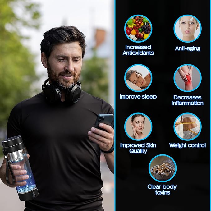 Hydrogen Water Bottle, Hydrogen Water Bottle Generator with Removable Strap and Infuser, 3 Minute Rapid Electrolysis, Portable for Daily Use - Black