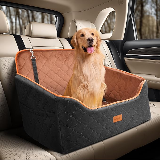 Dog Car Seat for Medium Dogs - Pet Car Seat with 2 Safety Straps & Waterproof Padding, Portable Pet Carrier for Cars, Trucks & SUVs, Comfortable Booster Bed for Pets Up to 55lbs (Black/Coffee)