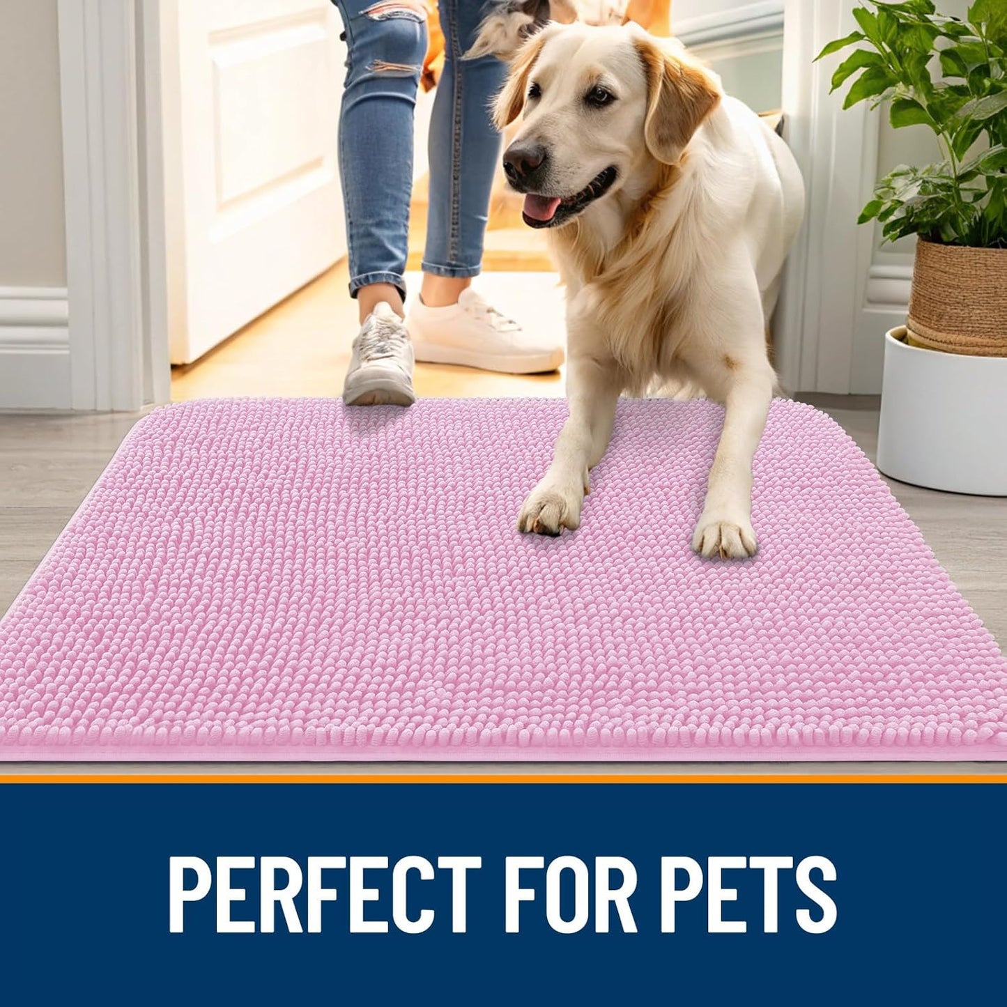 OLANLY Dog Door Mat for Muddy Paws 36x24, Absorbs Moisture and Dirt, Absorbent Non-Slip Washable Doormat, Quick Dry Chenille Mud Mat for Dogs, Entry Indoor Entryway Carpet for Inside Floor, Pink