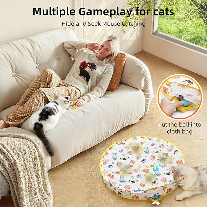 Interactive Cat Toy Ball, Automatic Moving Cat Ball in Pouch,Interactive Cat Toys for Indoor Cats,Motion Activate Cat Toy Hide and Seek Mouse Catching Game , Play Mat for Cats (Round-Yellow)