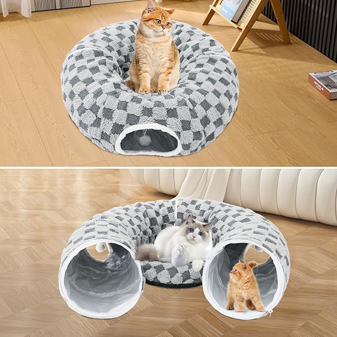 Homimp Cat Tunnel Bed with Central Mat, Large Tube Playground with Plush Ball Toy, Peekaboo Cat Cave with Washable Circle Cushion for Indoor Cats, Pop Up Bed HidePlace for Kitten Puppy Rabbit, Grey
