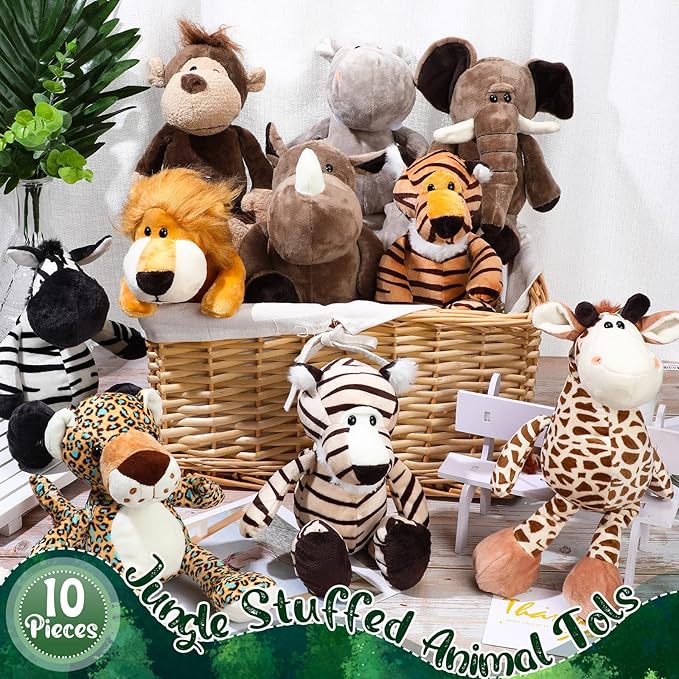 HyDren 10 Pcs Safari Stuffed Animals Plush Jungle Animal Toys for Girls Boys, Elephant Giraffe Lion Tiger Monkey Rhinoceros Zebra White Tiger Leopard Hippo for School Achievement Award