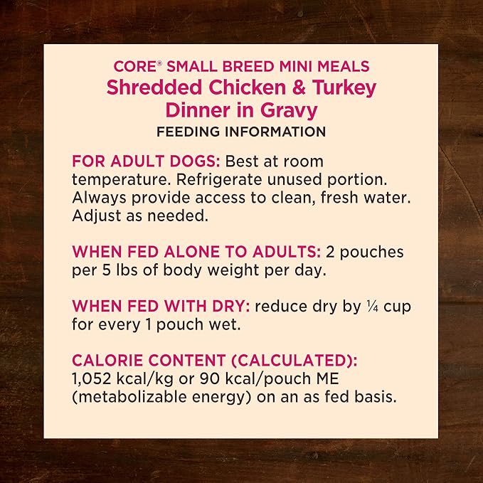 Wellness CORE Natural Grain Free Small Breed Mini Meals Wet Dog Food, Shredded Chicken & Turkey Dinner in Gravy, 3-Ounce Pouch (Pack of 12)