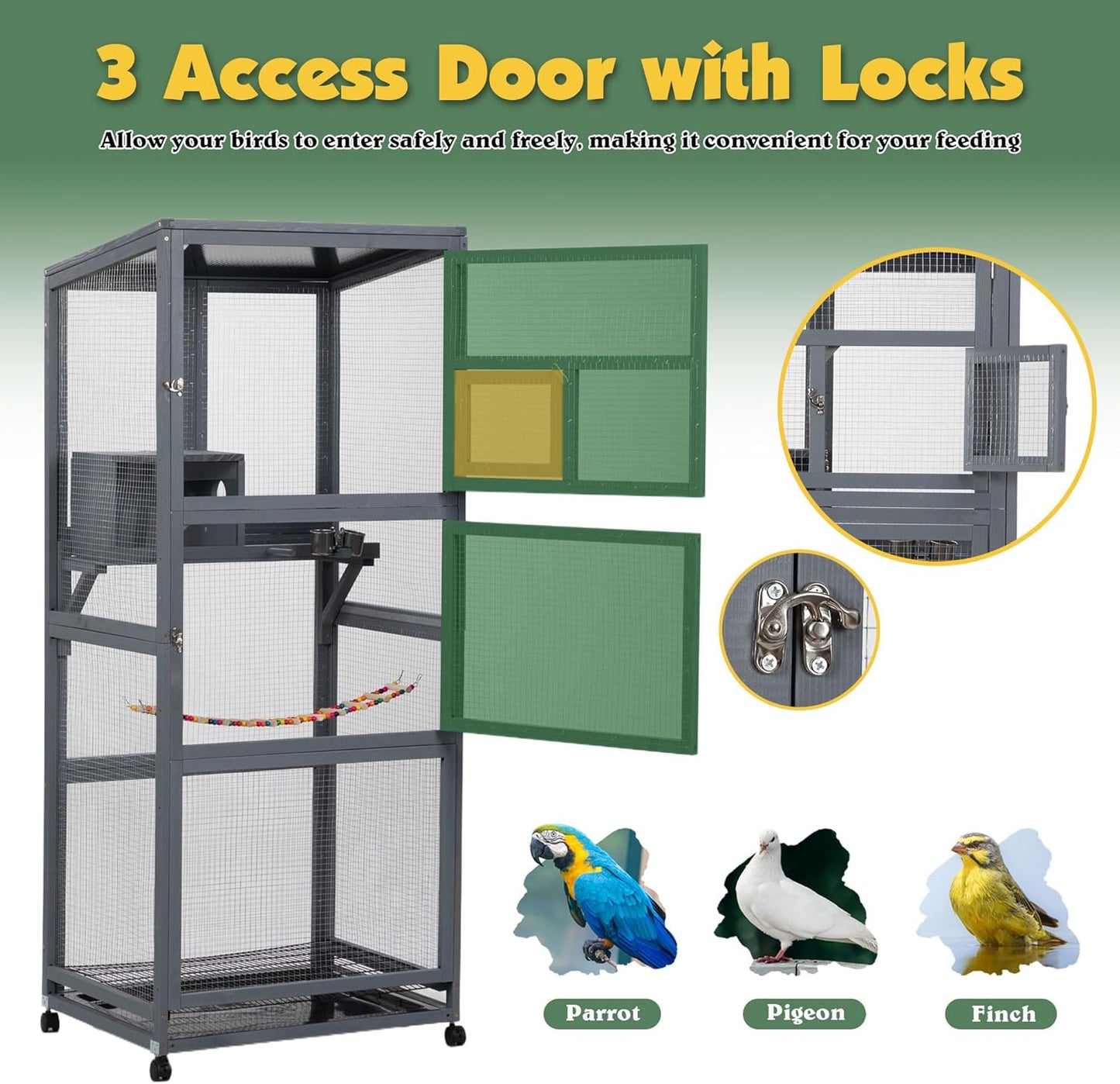 Coziwow 68" H Large Wood Bird Cage on Wheels, Outdoor Bird Aviary Indoor Wooden Large Bird Cage Parakeet Cage with Pull Out Tray and Feeder,Ideal for Small Birds,Finches,Parrots, Gray