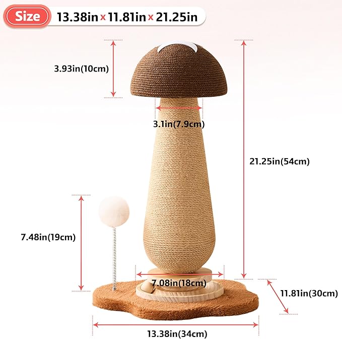 Mushroom Cat Scratching Post Cat Tree, 21.5‘’ H Cute Cat Scratcher Tower with Durable Solid Wood Turntable Toy, Acorn Brown Mushroom Scratch Post Cat Sisal Scratcher with Catnip for Indoor Cats