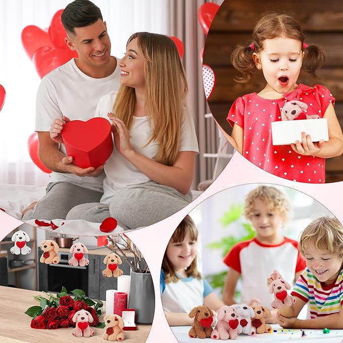 Elcoho 16 Pieces 4 Inches Mini Valentine's Day Plush Dogs Stuffed Puppy Dog with Keychain Cute Stuffed Animal Toy Soft Toys Valentine Party Favor for Goodie Bag Valentine Gifts, 8 Styles