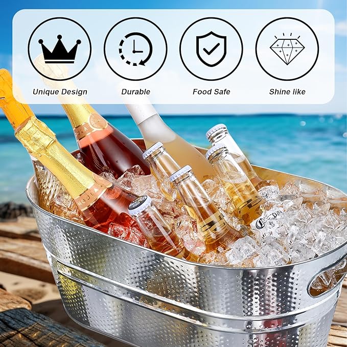 Ice Buckets for Parties 2 Pcs 3 Gallon Galvanized Beverage Metal Tub Hammered Texture Champagne Drink Wine Large Ice Bucket with Scoops for Cocktail Mimosa Bar Supplies