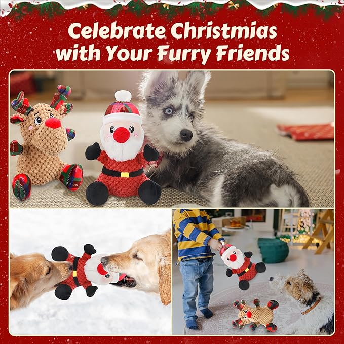 Squeaky Dog Toys, 2 Pack Dog Chew Toys with Crinkle Paper for Puppy, Small, Medium, Large Dogs, Interactive Pet Holiday Toys for Training and Reducing Boredom