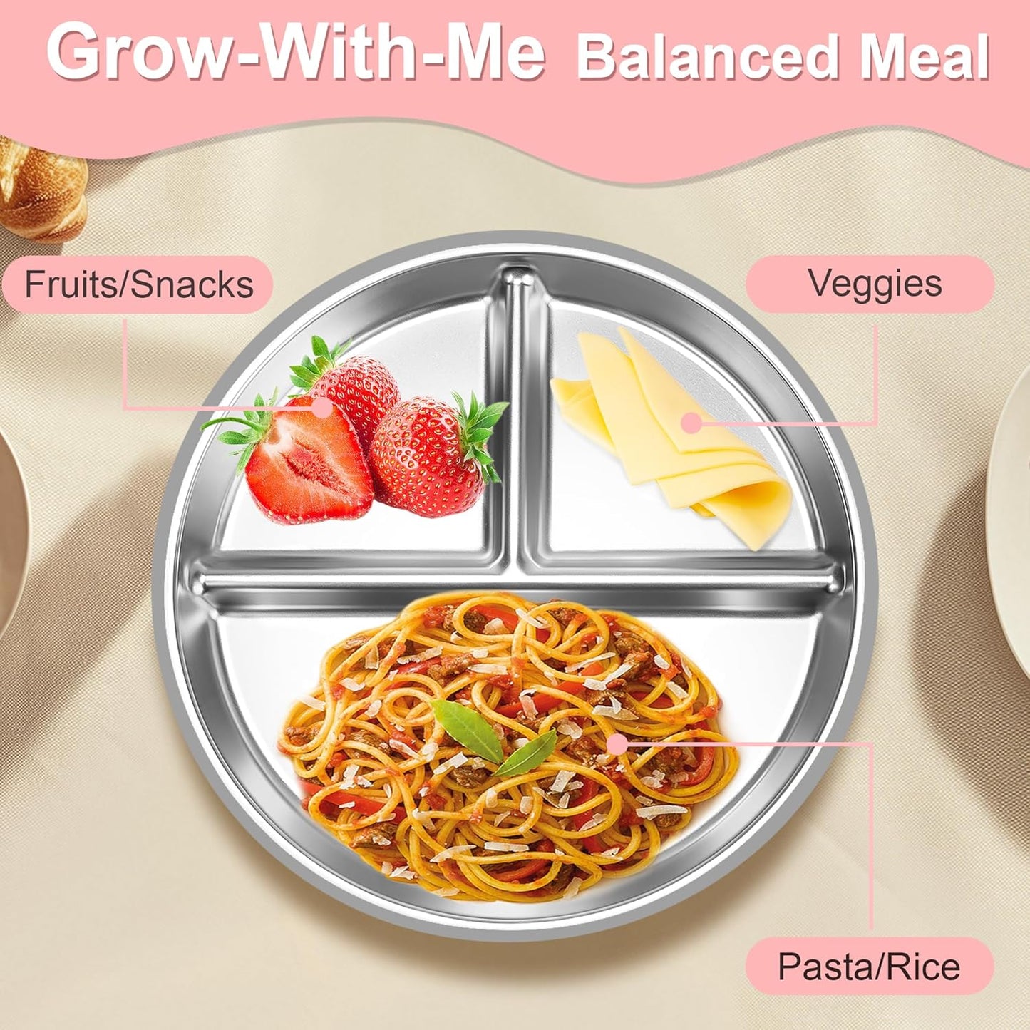 Stainless Steel Toddler Plates Silicone Suction,3 Packs Non-Slip Baby Plates,Divided Portion,Food-Grade Silicone Plate for Kids,LEAD-FREE Dishwasher Safe,Grey Green Pink
