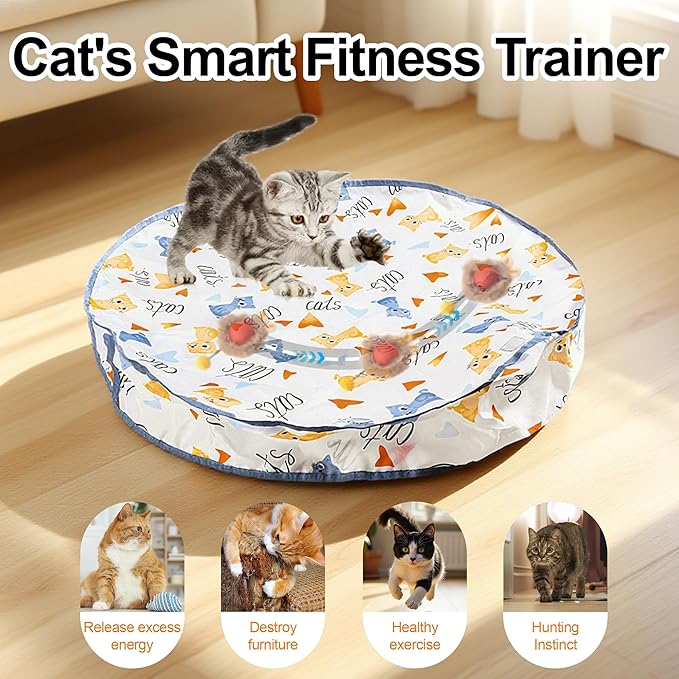 Interactive Cat Toys Ball - 2pcs Automatic Fast Rolling Ball in Play Mat, Hide and Seek Mouse Catching Game, Low-Noise Cat Enrichment Toys in Pouch for Indoor Bored Cats(Heart Pattern-Square)