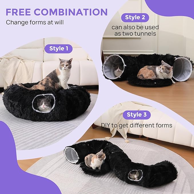 Plush Cat Tunnel Bed for Indoor Cats with Soft Cushion, Multi-Shape Play Cave with Hanging Balls, Large and Foldable Cat Donut Tunnel for Small and Large Pets (Black)