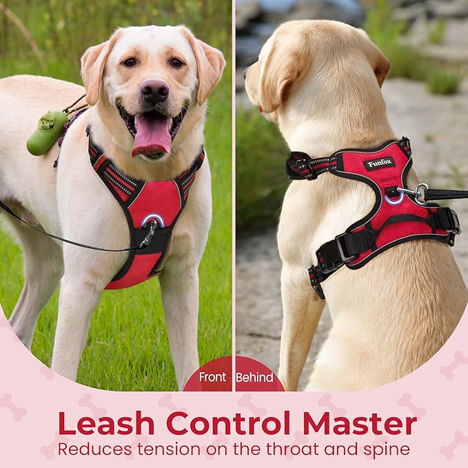 Funfox Dog Harness No Pull, Adjustable Pet Vest Harness Red XL with Handle, 2 Leash Clips for Daily Walking Easy Control, Soft Durable Reflective Comfortable for X-Large Breed Dogs