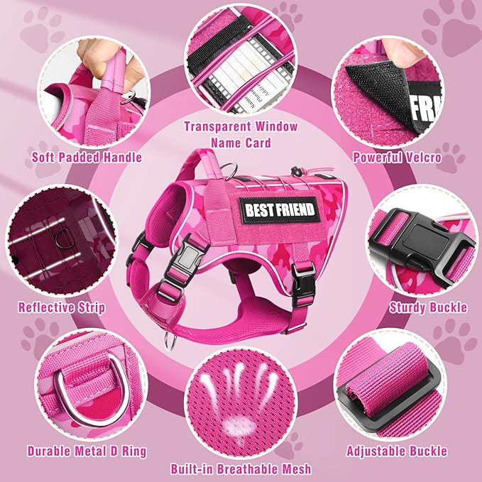 Tactical Dog Harness for Large Dogs,No Pull Military Dog Vest with Easy Control Handle&Molle,Reflective Heavy Duty Pet Harness for K9 Working Hiking Training Daily Walking Camo Pink XL