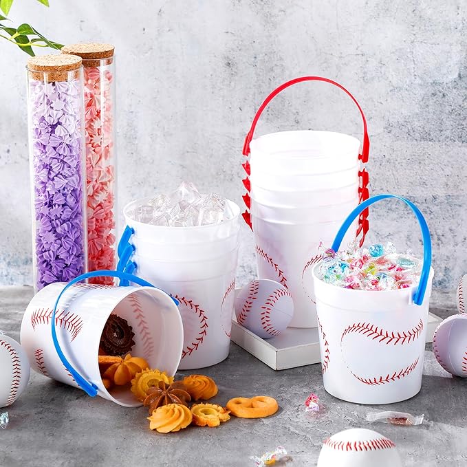Mifoci Baseball Small Plastic Bucket with Handles 34 oz Versatile Baseball Treat Bucket Baseball Ice Bucket Bulk for Wine Beverage Baseball Party Bar Alcohol Beer Snack Drink Pail Gifts(10 Pcs)