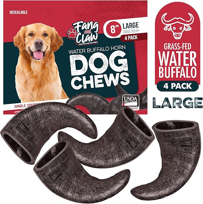 Water Buffalo Horn Dog Chew 4 Pack - Large 8" - All Natural Free Range Grass Fed Single Source Protein - No Chemicals, Additives, Hormones - Long Lasting, Good for Aggressive Chewers – by Fang & Claw