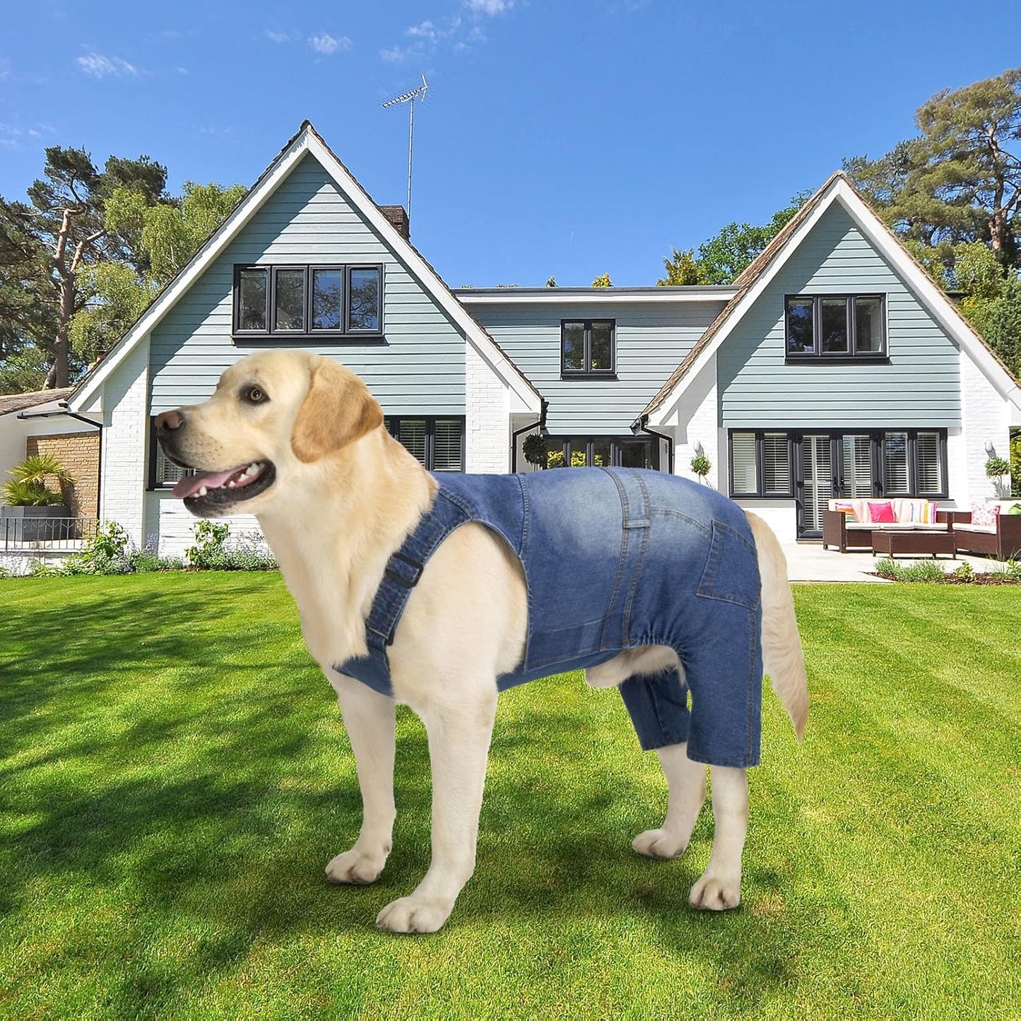 Classic Dog Jeans Overall for Medium Large Dogs,Pet Denim Jumpsuit Onesies Clothes Costumes for All-Match,Blue Vintage Washed Blue Pants Outfits