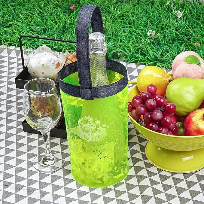 Ice Bag Collapsible wine Cooler Bag, Ice wine Bag Collapsible Clear wine Cooler Bag PVC wine Pouch Bags, for Party, Camping, Picnic, Chilled Champagne, White Wine, Beer (Fluorescent green)