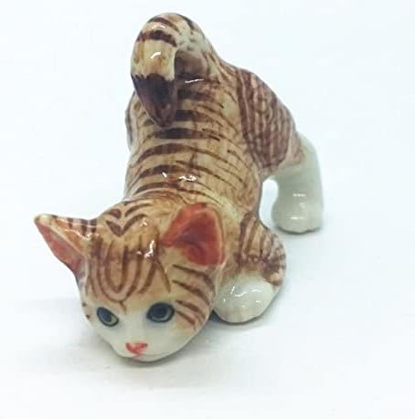 WitnyStore Tiny 2⅛" Brown White Tabby Shorthair Cat Bending Down Figurine - Miniature Hand Made Painted Ceramic Cats Kitten Feline Animal Cute Porcelain Decorative Collectible Figurines Décor Gifts