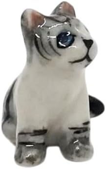 WitnyStore Tiny ½ Inch Gray White Tabby Shorthair Cat Sit Look Up Figurine - Miniature Hand Made Painted Ceramic Cats Kittens Feline Animals Cute Porcelain Decorative Collectible Figures Décor Gifts