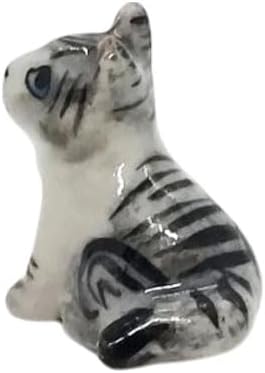 WitnyStore Tiny ½ Inch Gray White Tabby Shorthair Cat Sit Look Up Figurine - Miniature Hand Made Painted Ceramic Cats Kittens Feline Animals Cute Porcelain Decorative Collectible Figures Décor Gifts
