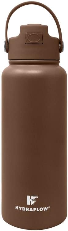 Hydraflow Hybrid - Triple Wall Vacuum Insulated Water Bottle with Flip Straw (34oz, Cocoa) Stainless Steel Metal Thermos, Reusable Leak Proof BPA-FREE for Sports and Travel