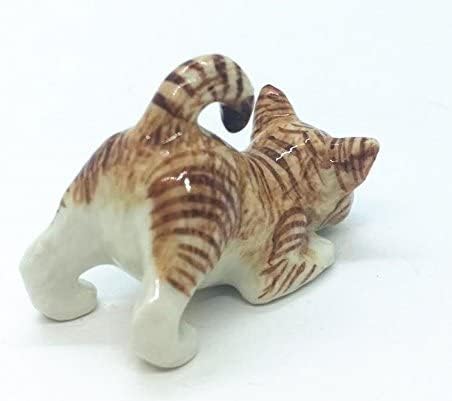 WitnyStore Tiny 2⅛" Brown White Tabby Shorthair Cat Bending Down Figurine - Miniature Hand Made Painted Ceramic Cats Kitten Feline Animal Cute Porcelain Decorative Collectible Figurines Décor Gifts