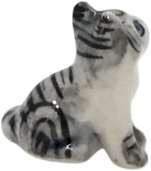 WitnyStore Tiny ½ Inch Gray White Tabby Shorthair Cat Sit Look Up Figurine - Miniature Hand Made Painted Ceramic Cats Kittens Feline Animals Cute Porcelain Decorative Collectible Figures Décor Gifts