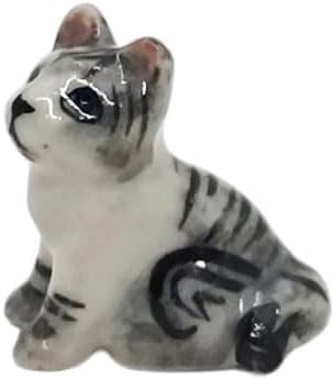 WitnyStore Tiny ½ Inch Gray White Tabby Shorthair Cat Sit Look Up Figurine - Miniature Hand Made Painted Ceramic Cats Kittens Feline Animals Cute Porcelain Decorative Collectible Figures Décor Gifts