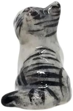 WitnyStore Tiny ½ Inch Gray White Tabby Shorthair Cat Sit Look Up Figurine - Miniature Hand Made Painted Ceramic Cats Kittens Feline Animals Cute Porcelain Decorative Collectible Figures Décor Gifts