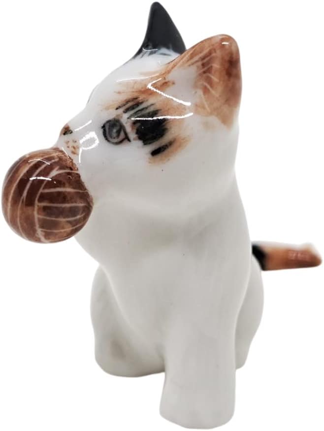 WitnyStore Tiny 1¾" Long Calico Tricolor Shorthair Cat Sitting Hold Up Ball Figurine - Miniature Hand Made Painted Ceramic Cats Kitten Animal Cute Porcelain Decorative Collectible Figure Décor Gifts