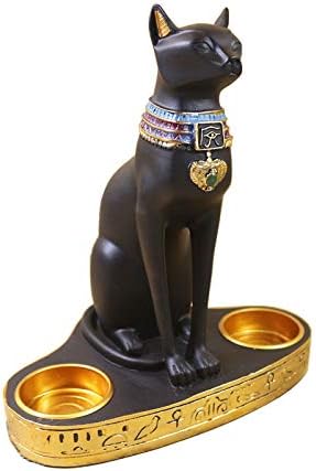Ancient Egypt Egyptian Bastet Cat Goddess Statue Collectible Figurine Bastet Cat Sculpture with 2 Tea Light Candle Holder (Cat Statue with Candle Holder)