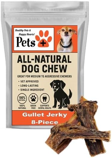 Pets Plus Beef Gullet Jerky Dog Treats – Medium Size, 6-Inch, 8-Pack – All Natural, High Protein, Grain-Free Chews for Dogs, Easily Digestible, Great for Dental Health & Joint Support