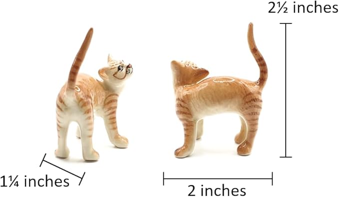 WitnyStore Tiny 2" Brown White Tabby Shorthair Cat Standing Look Up Figurine - Miniature Hand Made Painted Ceramic Cats Kitten Feline Animal Cute Porcelain Decorative Collectible Figurines Décor Gifts