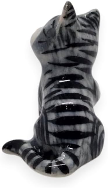 WitnyStore Tiny 1" Gray White Tabby Shorthair Cat Sitting Lift Paw Figurine - Miniature Hand Made Painted Ceramic Cats Kitten Feline Animals Cute Porcelain Decorative Collectible Figures Décor Gifts